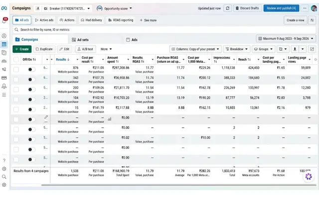 Ads Manager dashboard — 5x to 6x ROAS range (not attributed to any individual) — 3